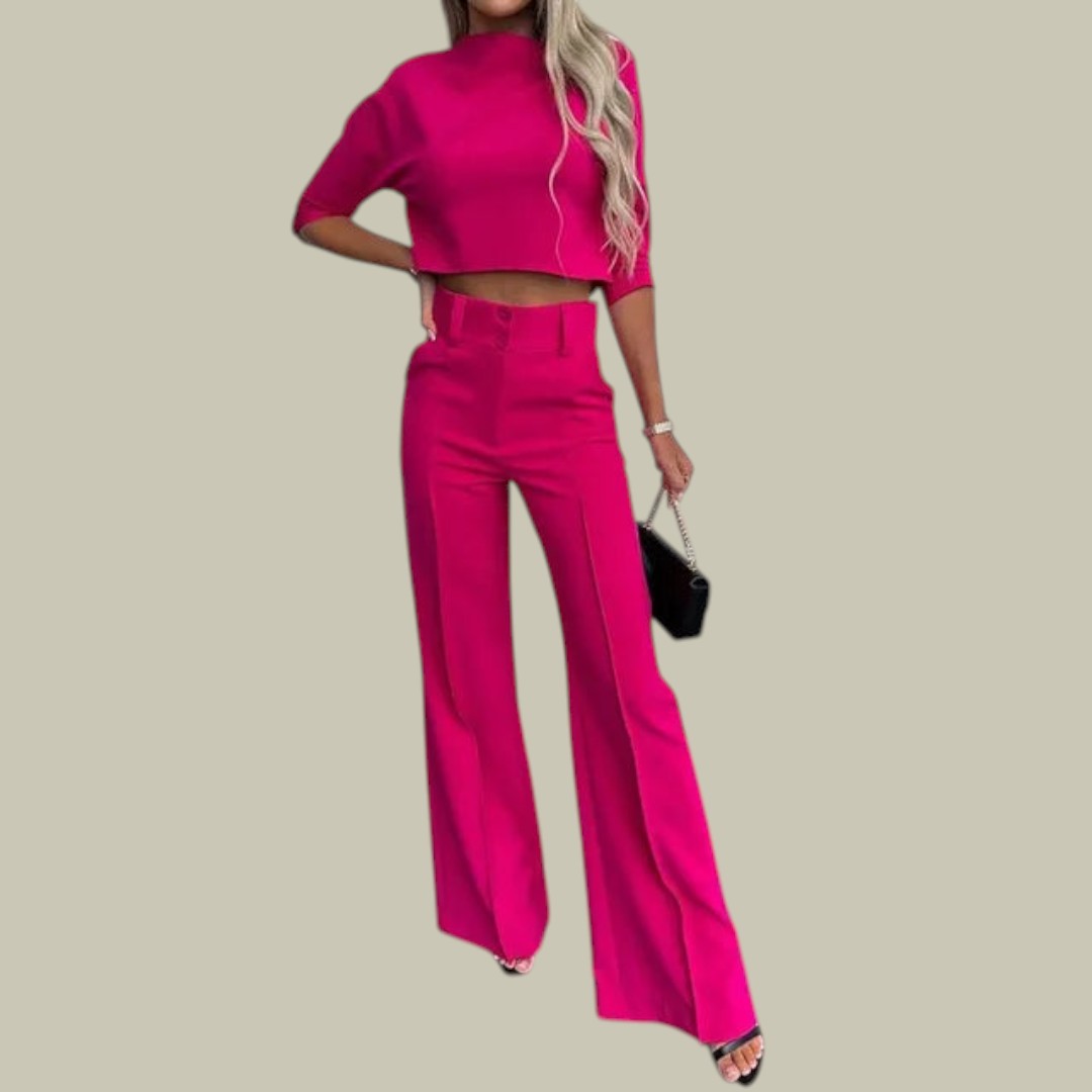 Women's two-piece high-waist matching set with cropped top and wide-leg trousers for bold silhouette