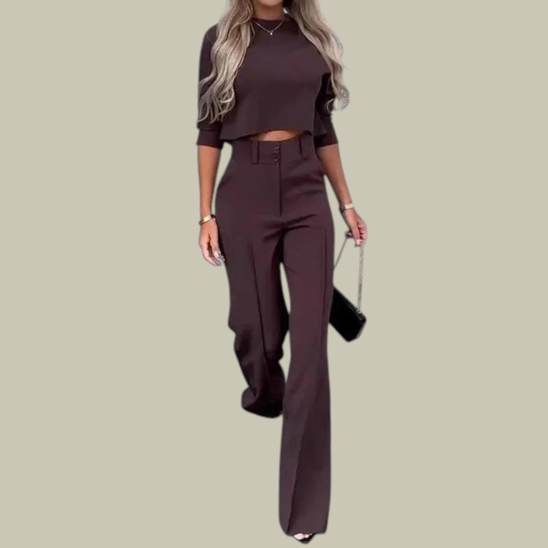 Women's high-waist wide-leg trouser set with sleek cropped top, bold silhouette for confident style