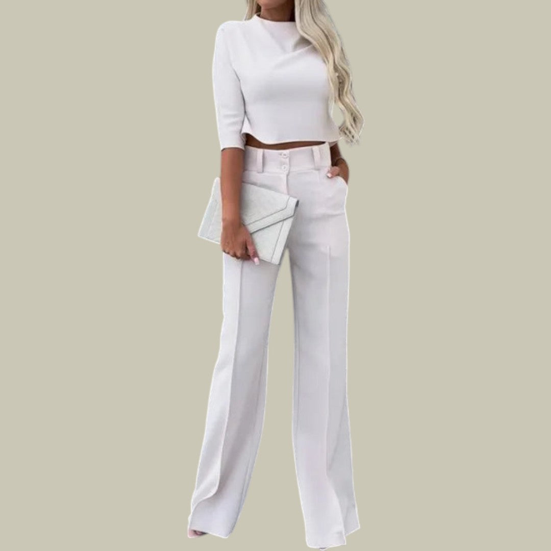 Women's two-piece high-waist matching set with cropped top and wide-leg trousers for bold silhouette