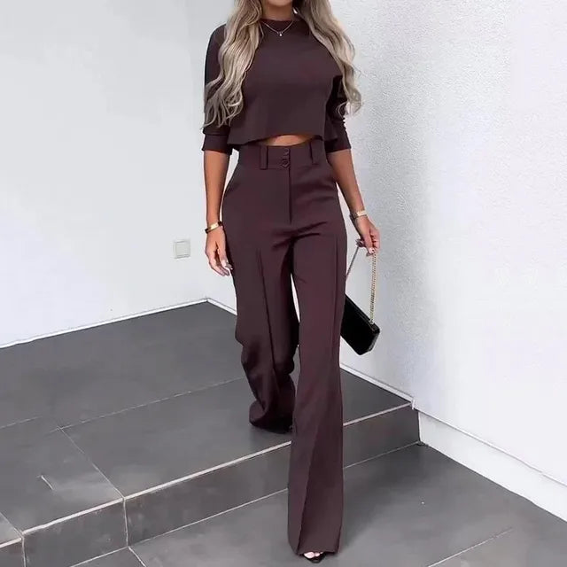 Women's violet two-piece set relaxed silhouette long-sleeve top and pants stretch polyester blend
