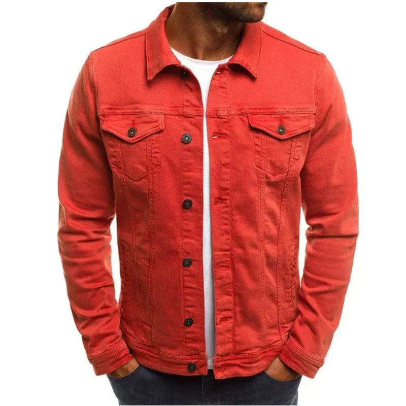 Men's casual streetwear button jacket with front closure, bold colorblock design for everyday layering