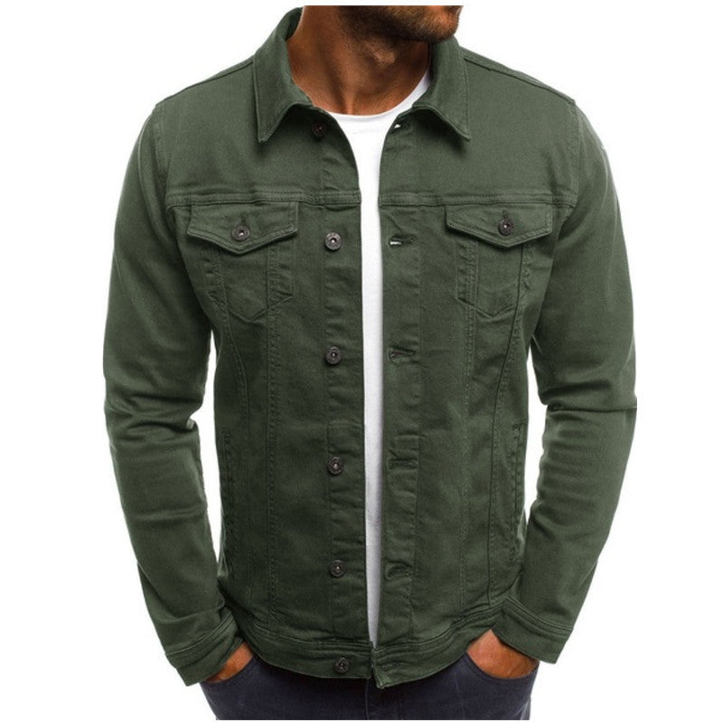 Men's regular fit denim jacket with button closure, chest pockets, and structured seams for timeless style