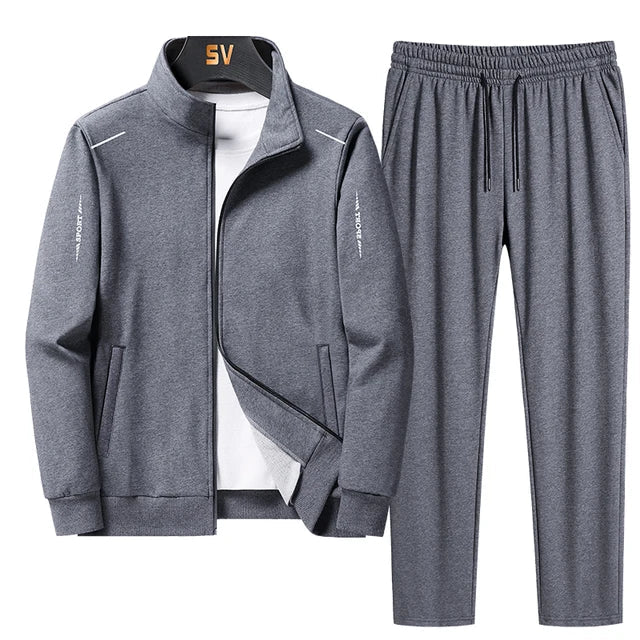 Men's gray casual tracksuit zip-up jacket and jogger pants minimalist two-piece streetwear set