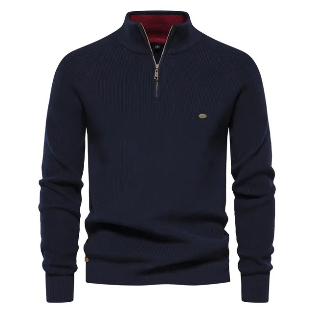 Men's half-zip knit sweater with stand collar, lightweight layering piece for everyday style