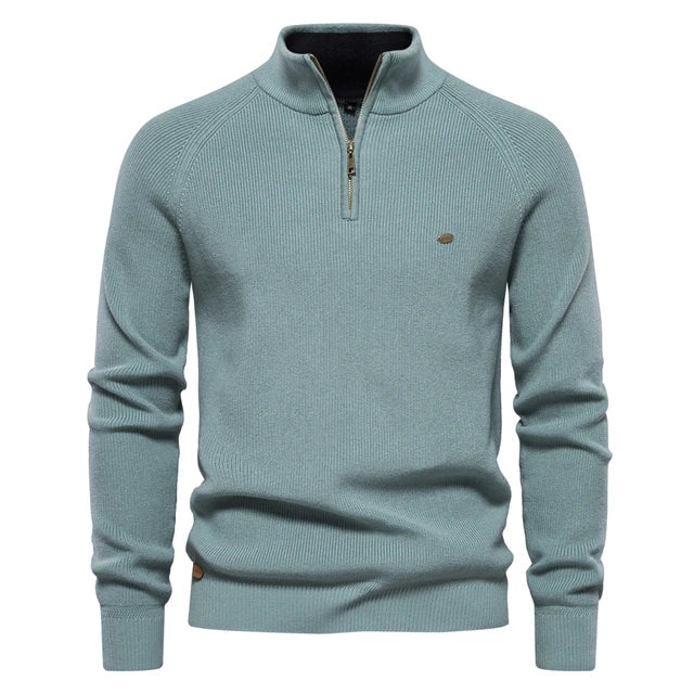 Men's half-zip knit sweater with stand collar, lightweight layering piece for modern everyday style