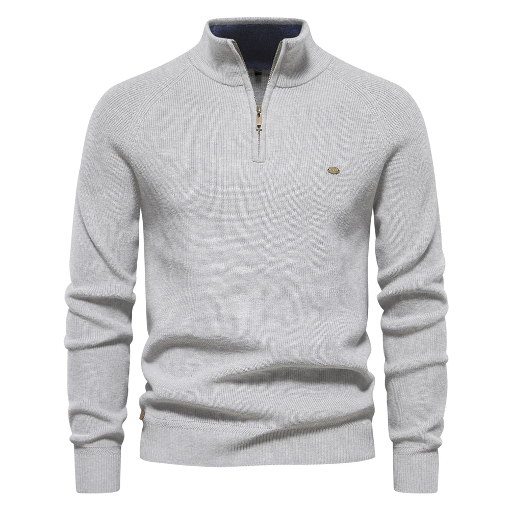 Men's half-zip knit sweater with stand collar, lightweight layering piece for modern everyday style