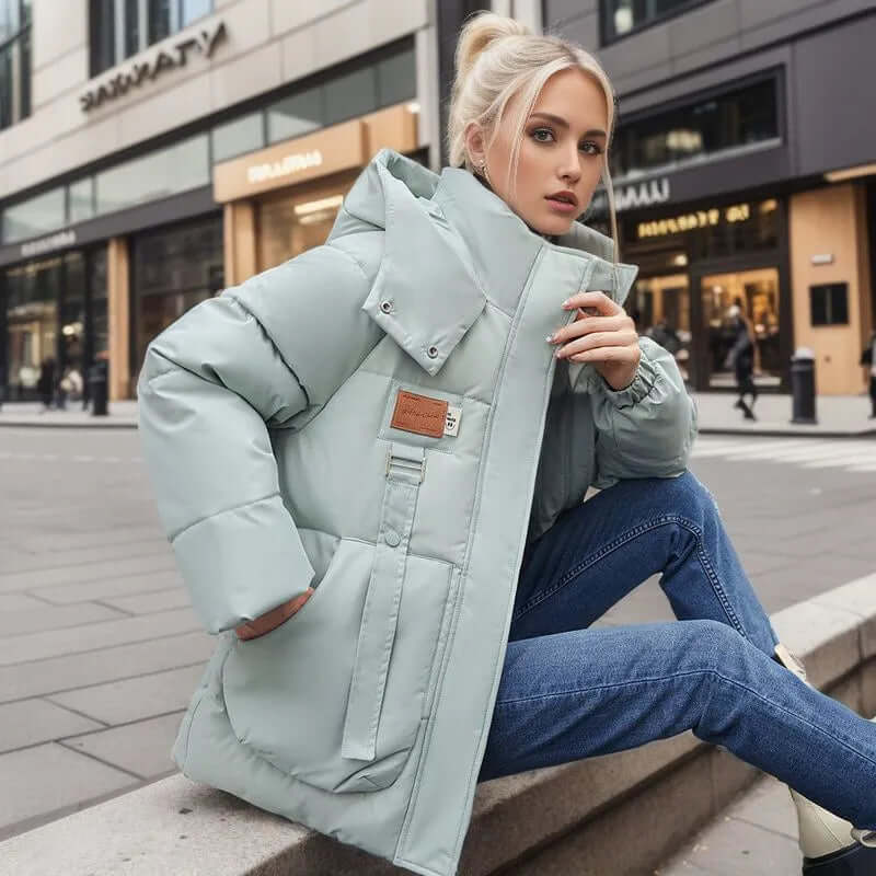 Women's olive green quilted insulated mid-length jacket with oversized boxy fit and detachable hood