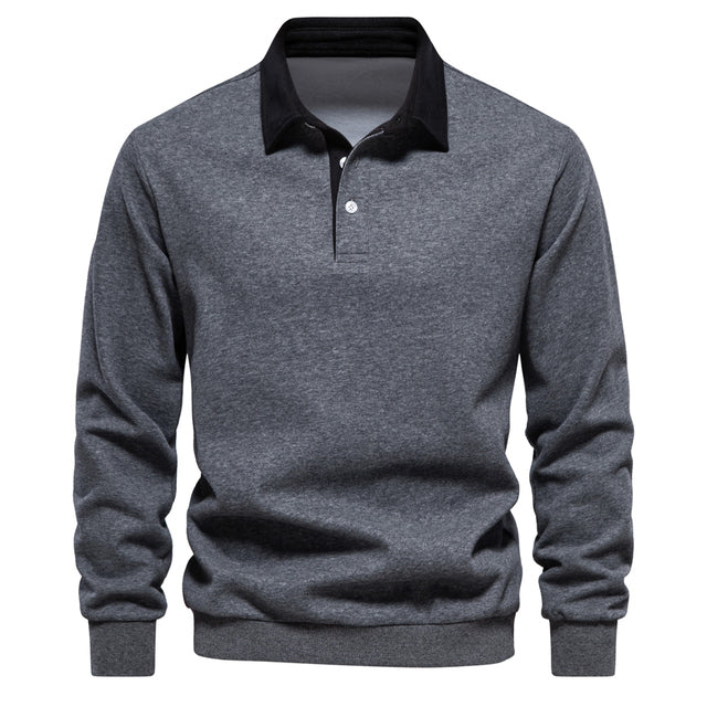 Men's elegant long sleeve polo classic collar refined fit versatile work leisure navy blue comfort