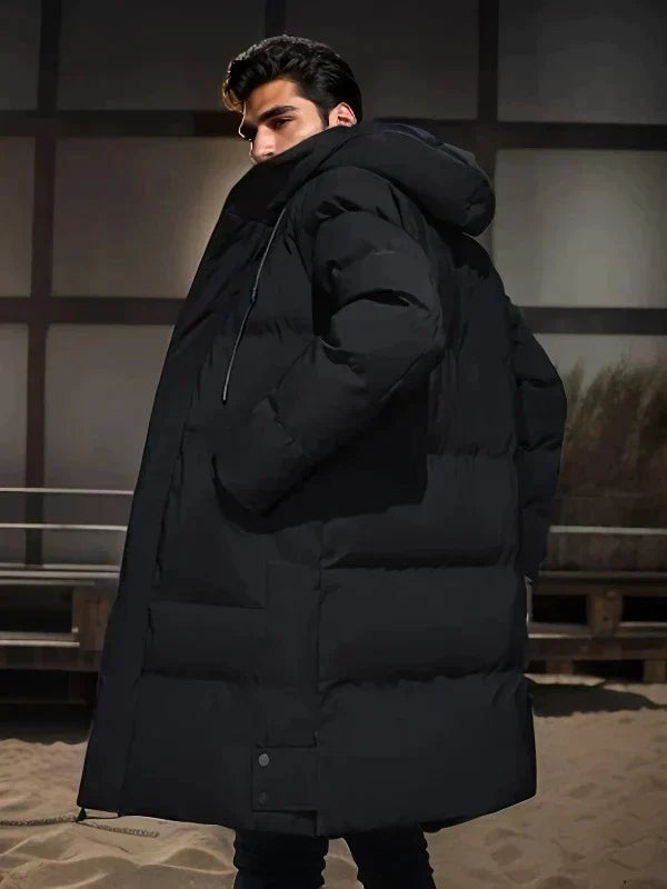 Men's insulated hooded puffer jacket long cut windproof warmth for outdoor winter use