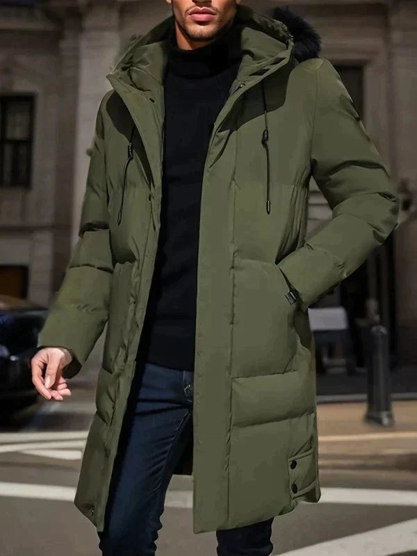 Men's insulated hooded puffer jacket long cut windproof warmth for outdoor winter use