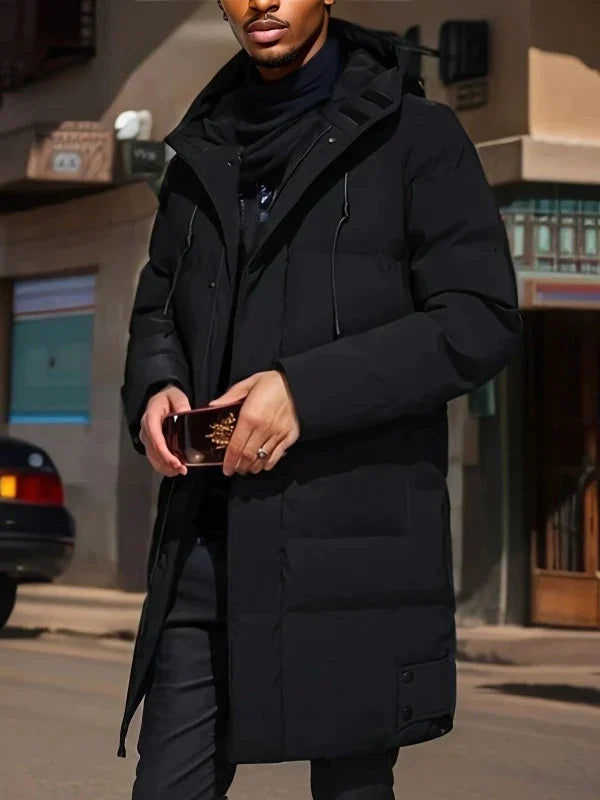 Men's insulated puffer jacket with hood, long cut silhouette, versatile cold-weather outerwear