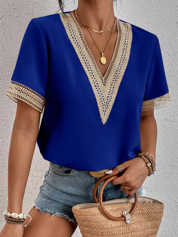 Women's soft breathable V-neck shirt in summer-ready style with flattering neckline detail