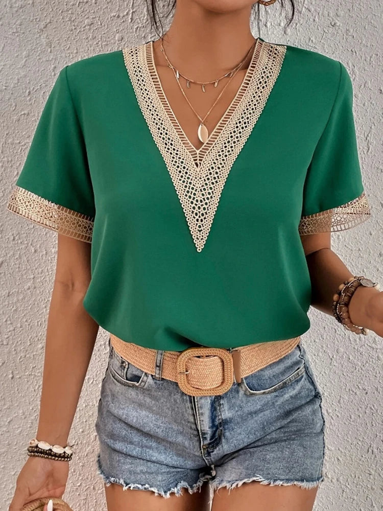 Women's soft V-neck shirt in breathable summer fabric with elegant flattering neckline