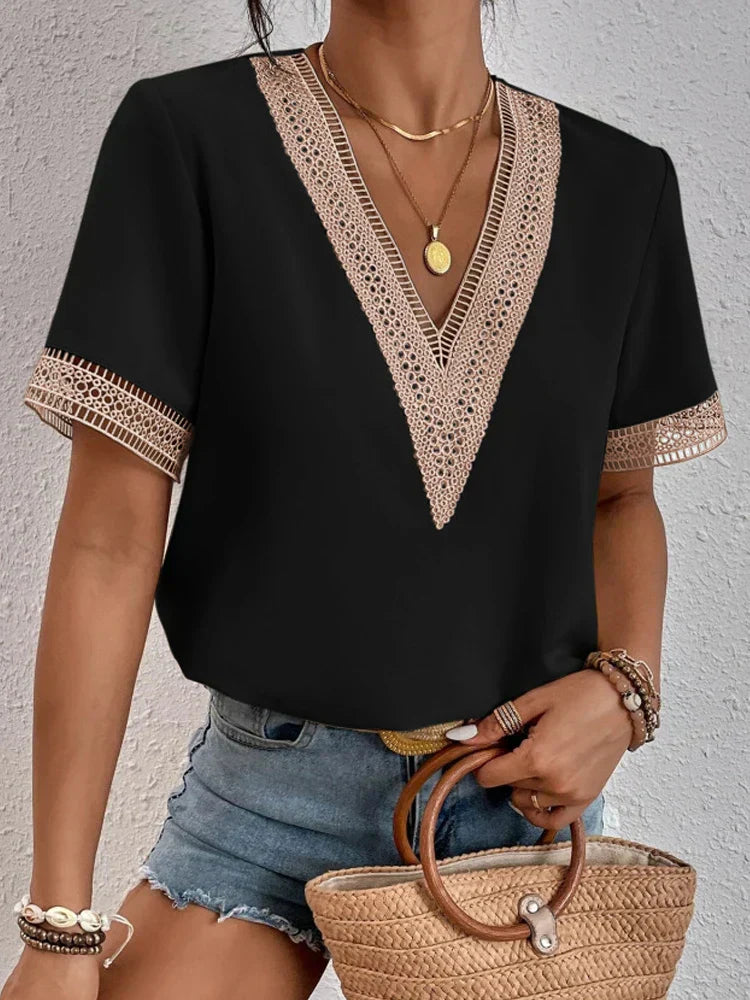 Women's soft white V-neck shirt with relaxed summer fit and breathable fabric for effortless style