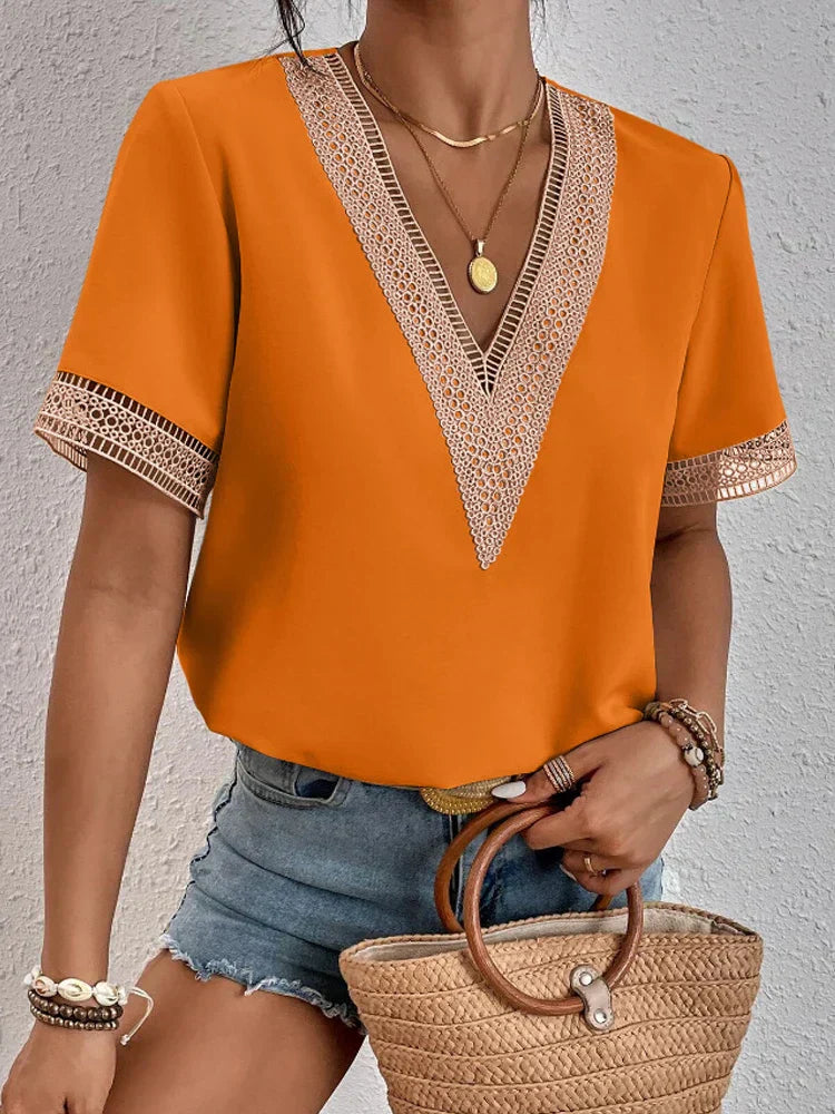 Women's soft breathable V-neck shirt in summer colors, relaxed fit with elegant neckline