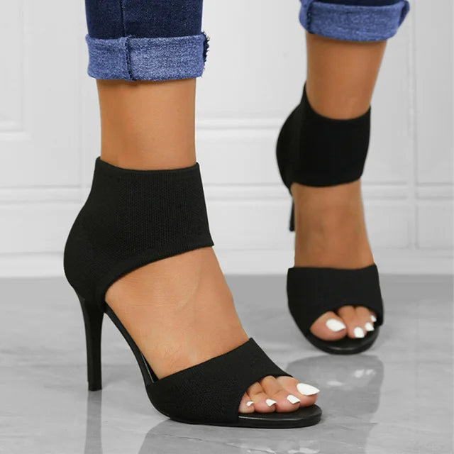 Women's stiletto sandals knitted upper open toe elegant evening heels breathable comfort fit