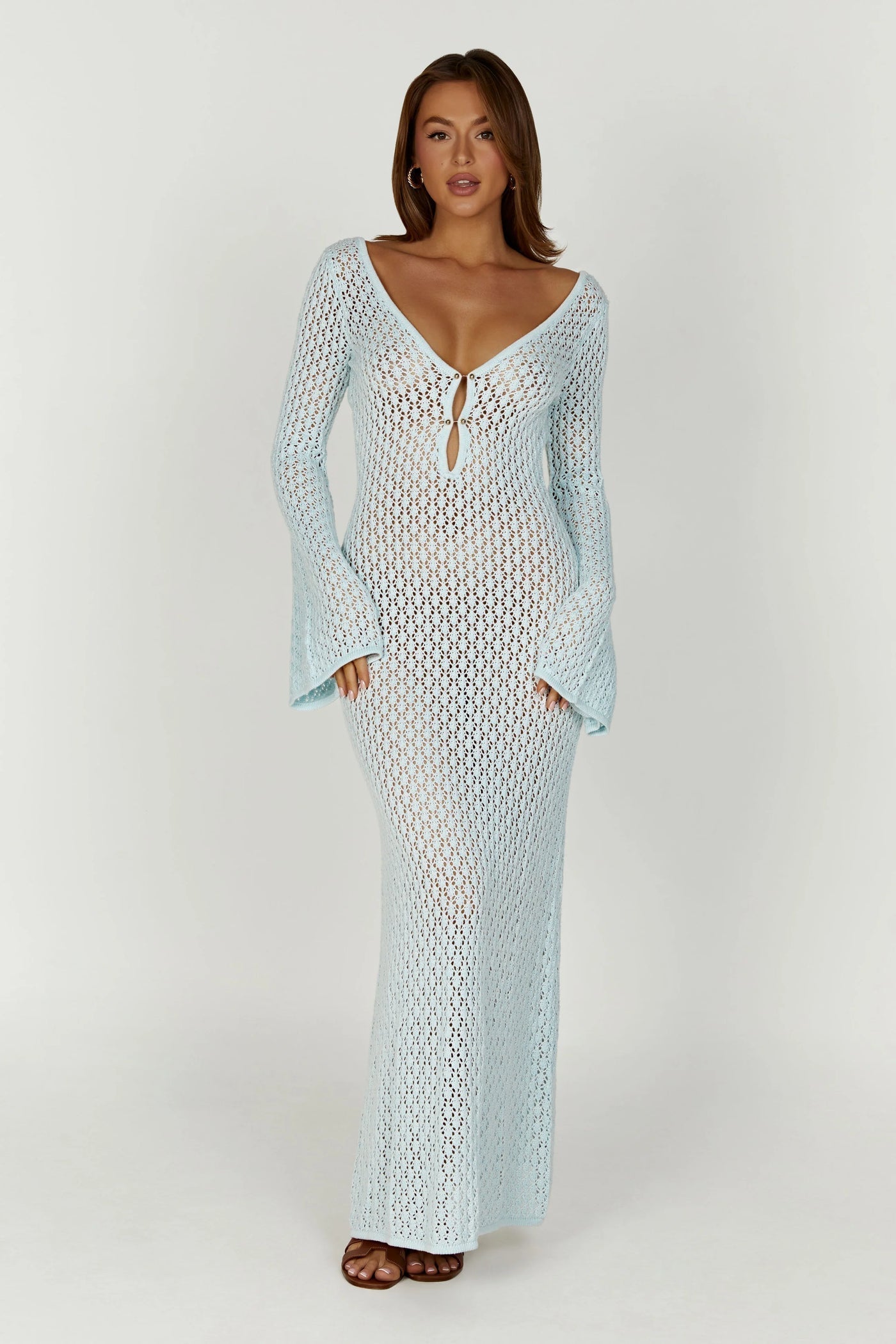 Women's crochet knit maxi dress V-neck long sleeves boho beach style breathable cotton blend