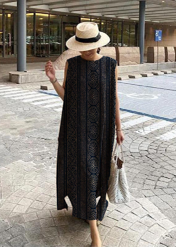 Bohemian linen-cotton blend dress with round neck, side slit, breathable one-size relaxed fit