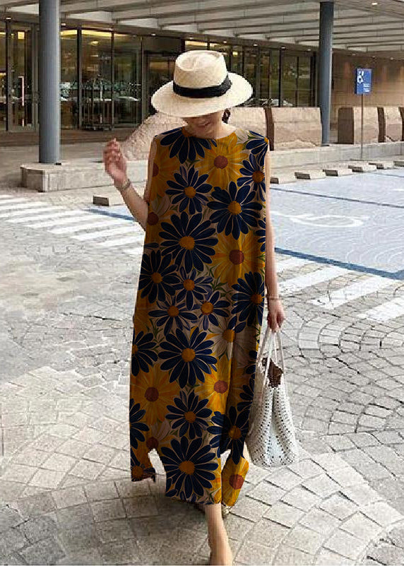 White floral bohemian linen maxi dress with side slit, relaxed one-size fit for women