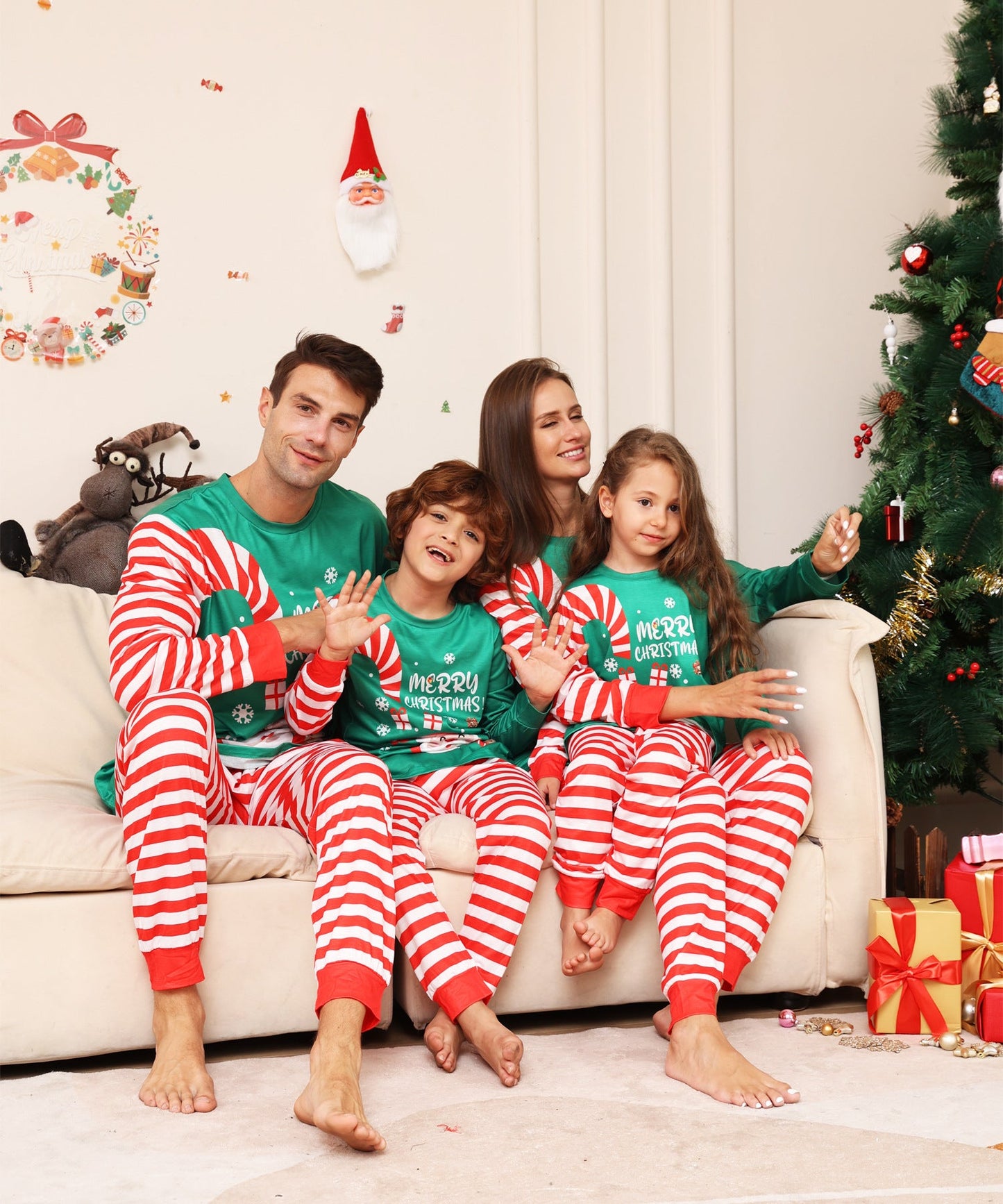 Red white family matching Christmas pajama set Santa graphic top striped pants holiday loungewear