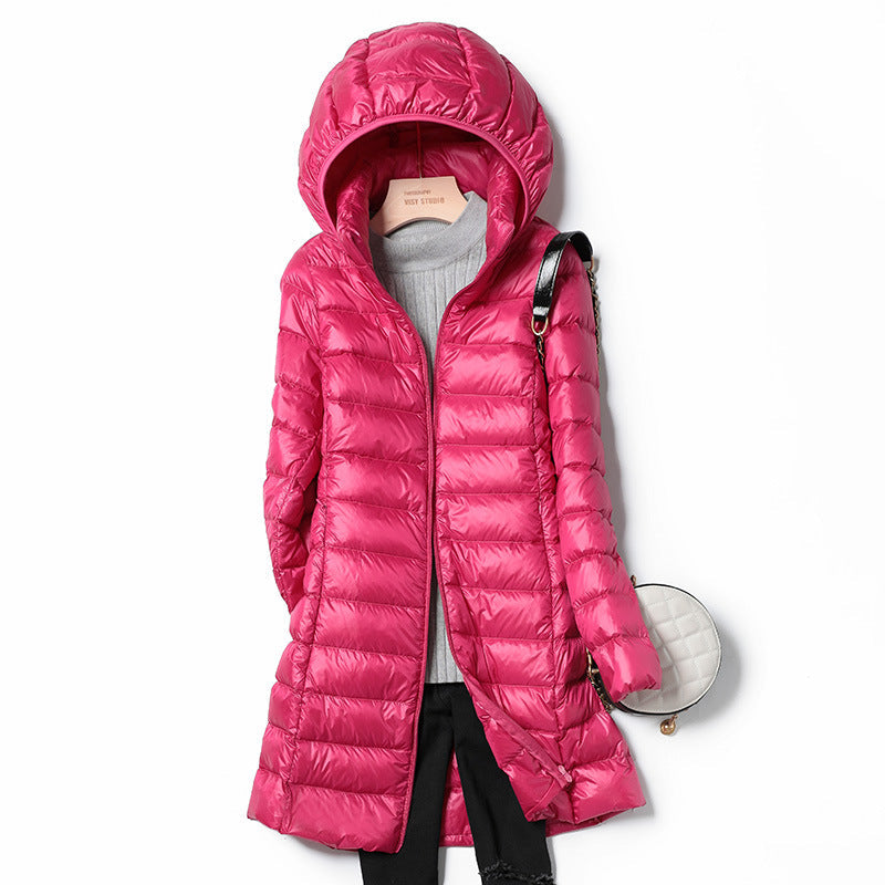 Women's lightweight down jacket medium-length ultra-thin insulated coat for all-season outdoor wear