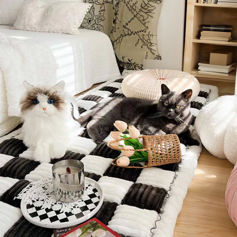 Plaid fuzzy pet mat chenille fabric cozy texture neutral tones cats small dogs comfort