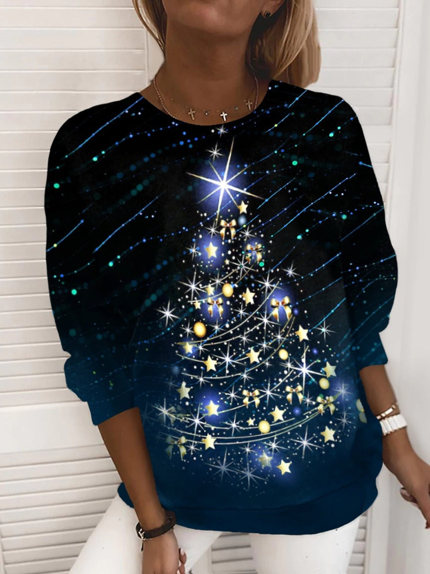 Women's loose fit festive Christmas knit top with 3D printed textured holiday pattern, soft breathable fabric