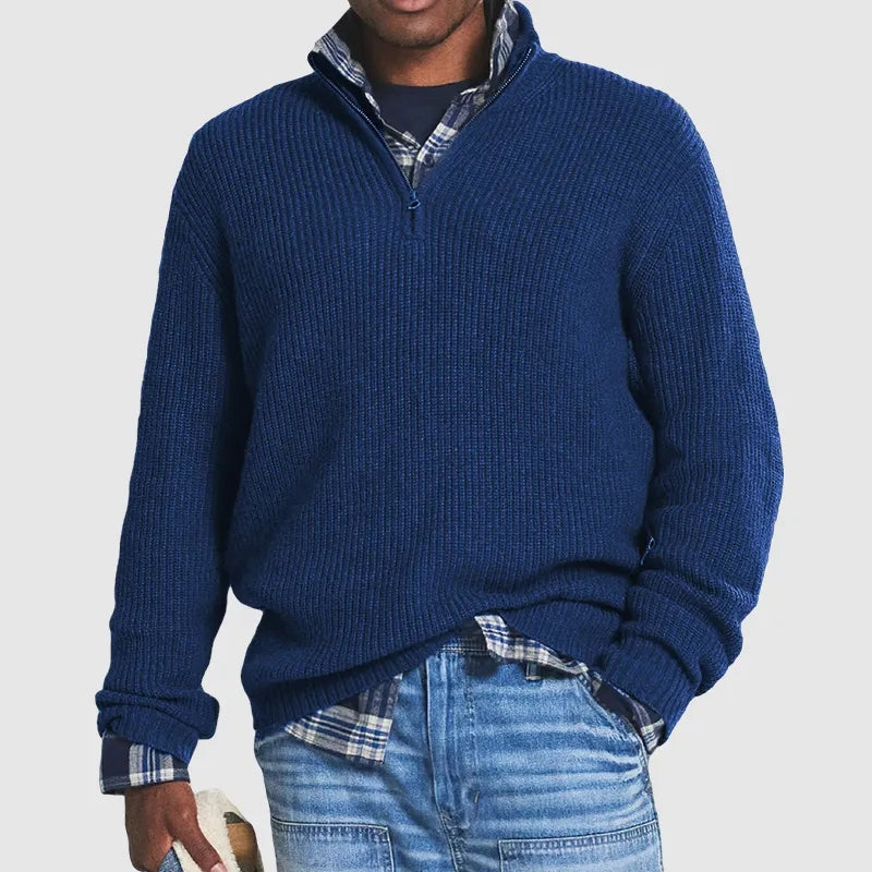 Men's ribbed half-zip pullover sweater, long sleeve layering essential with textured finish