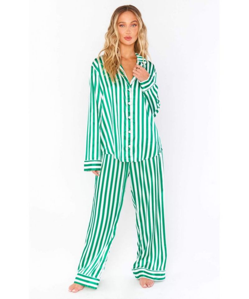 Women's red green vertical stripe knit Christmas pajama set, cozy holiday nightwear with festive pattern
