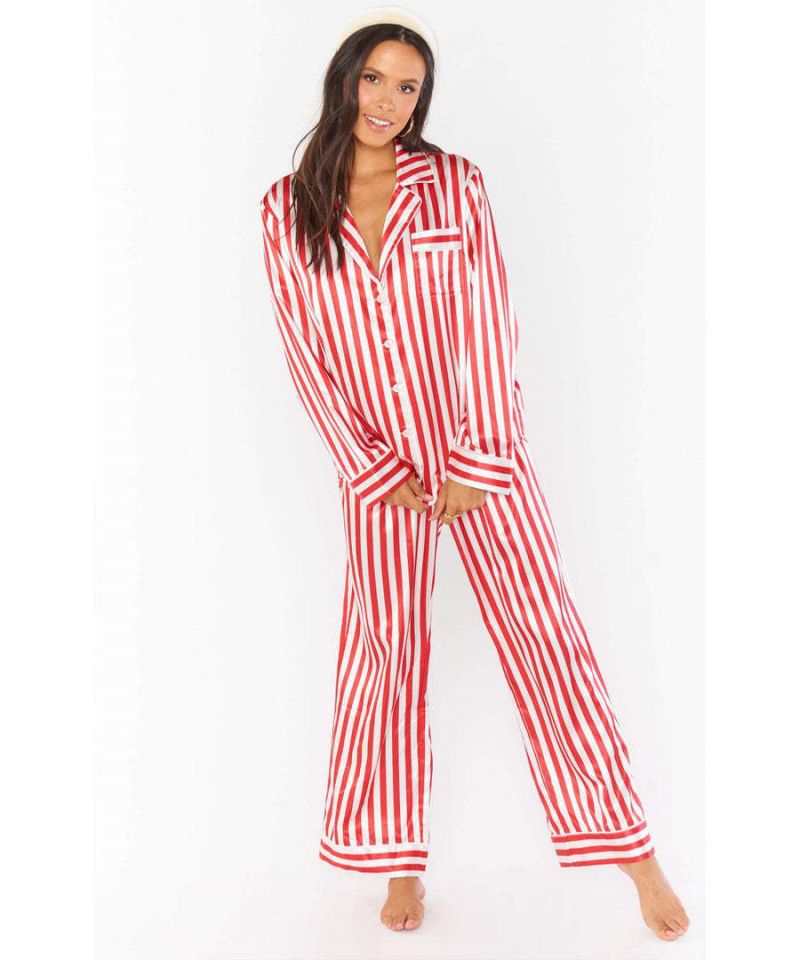 Women's red green vertical stripe knit Christmas pajama set, cozy holiday nightwear with festive pattern