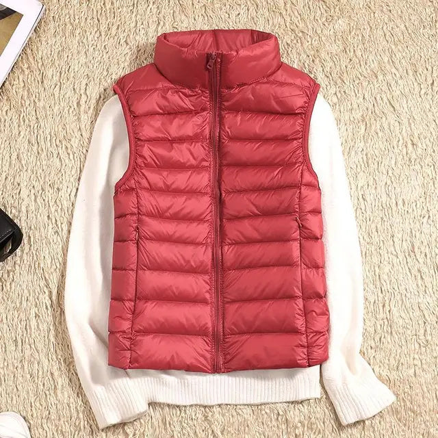 Women's lightweight quilted down jacket standing collar, warm slim fit, refined city style