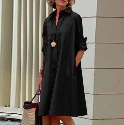 Women's solid color shirt dress elegant comfort fit silhouette timeless versatile everyday style