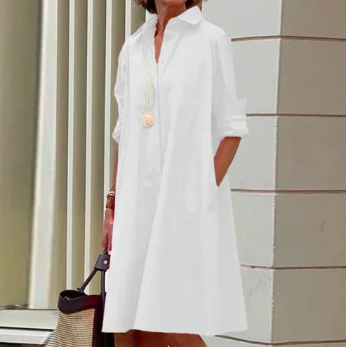 Women's solid color shirt dress with classic silhouette, comfort fit, and timeless elegant style