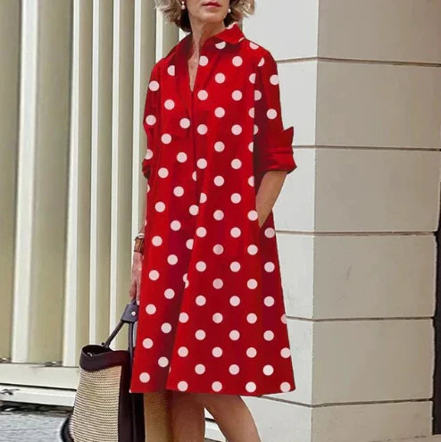 Women's solid color shirt dress with classic silhouette, comfort fit, and timeless elegant style
