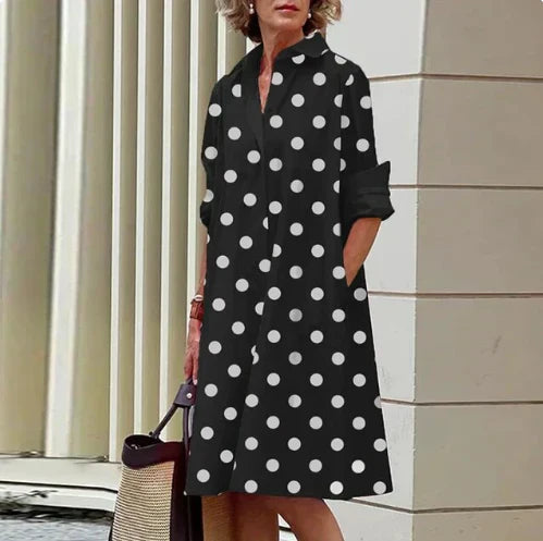 Women's solid color shirt dress with classic silhouette, comfort fit, and timeless elegant style