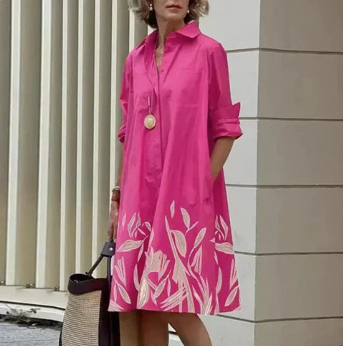 Women's solid color shirt dress with classic silhouette, comfort fit, and timeless elegant style