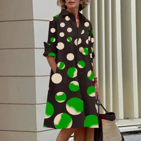 Women's solid color shirt dress with classic silhouette, comfort fit, and timeless elegant style