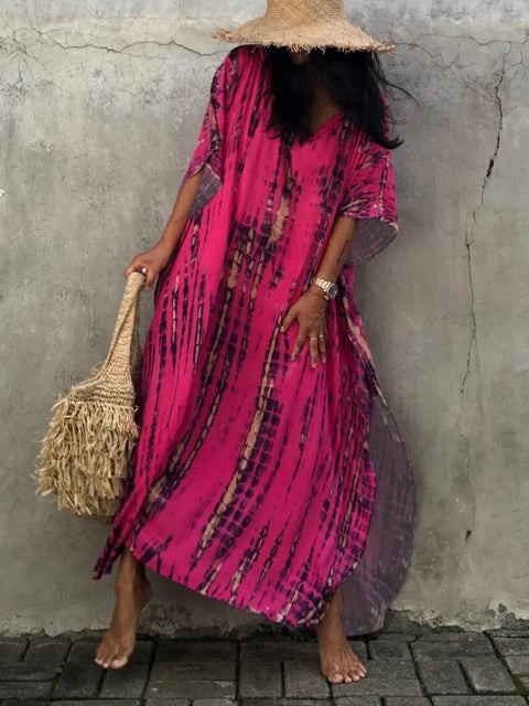 Women's boho tie-dye caftan maxi dress, V-neck loose fit with vibrant batik print for beach style