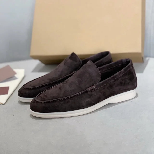 Men's Loro Deluxe suede loafers in rich neutral tone, slip-on style with premium craftsmanship