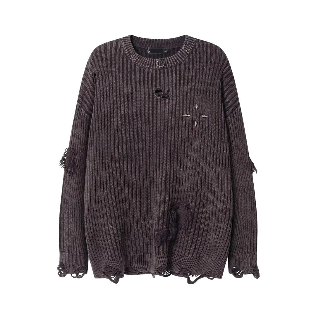Ribbed wool blend punk sweater with distressed detailing and metal hardware for edgy streetwear