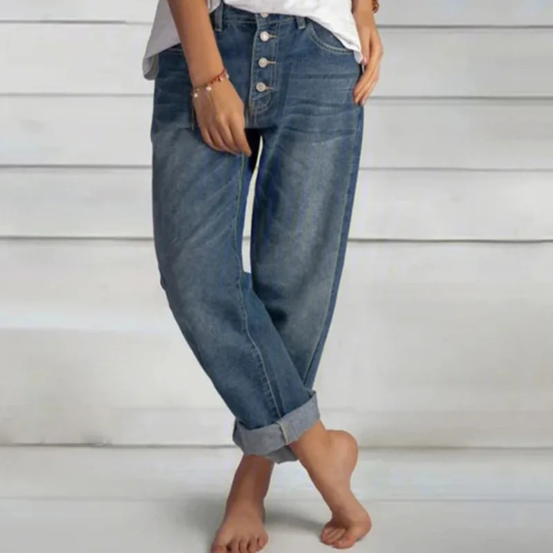 Rose women's relaxed fit jeans with button-front detail, roomy hip and thigh cut for casual street style