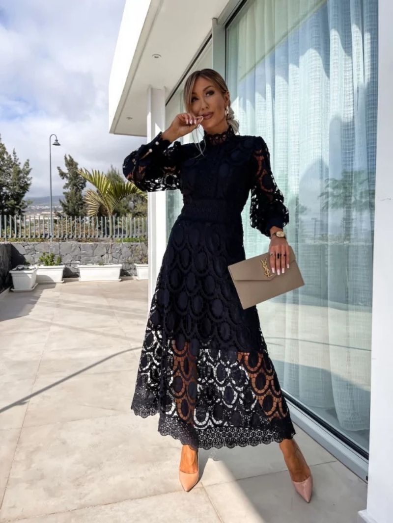 Women's black French lace evening dress figure-hugging silhouette with timeless elegant finish