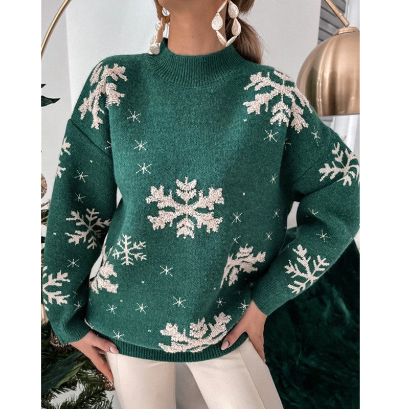 White cozy knit Christmas sweater with playful snowflake motif, unisex festive holiday style