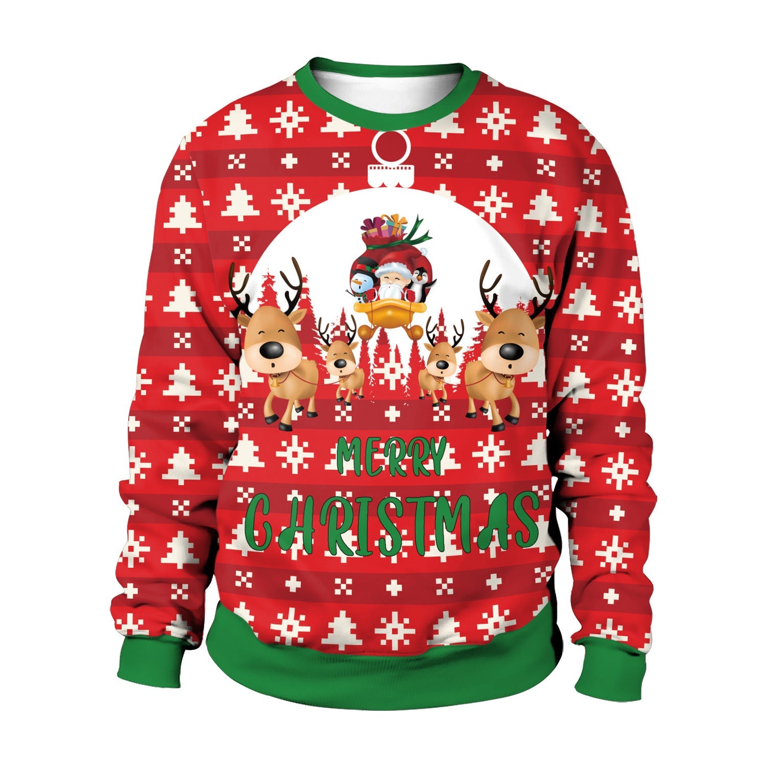 Red 3D printed Christmas crewneck sweatshirt with festive holiday motif texture cozy coupe