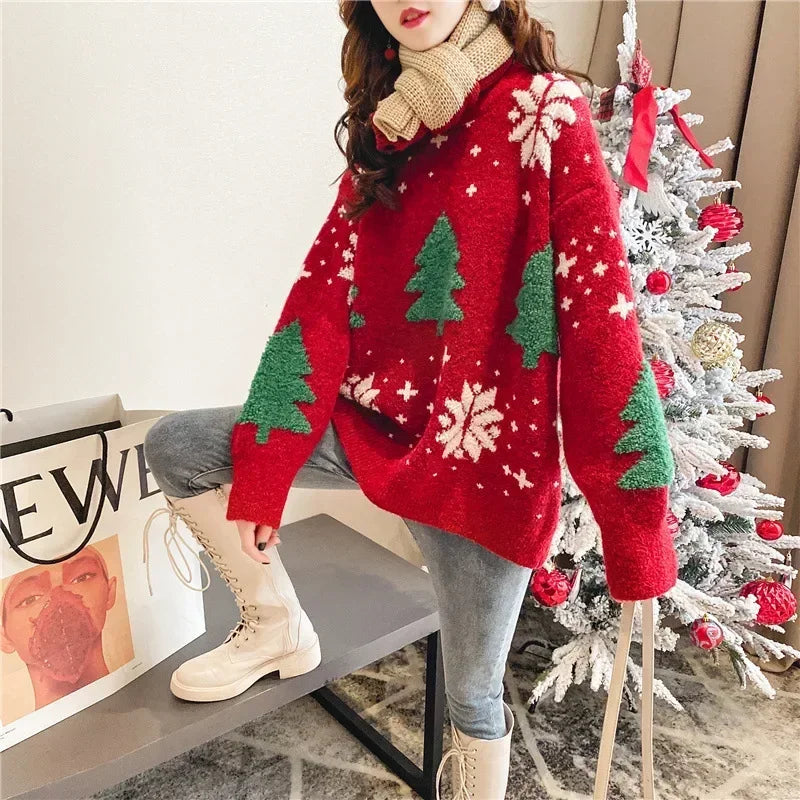 Women's oversized Christmas sweater soft knit relaxed fit gingerbread motifs festive holiday cozy pullover