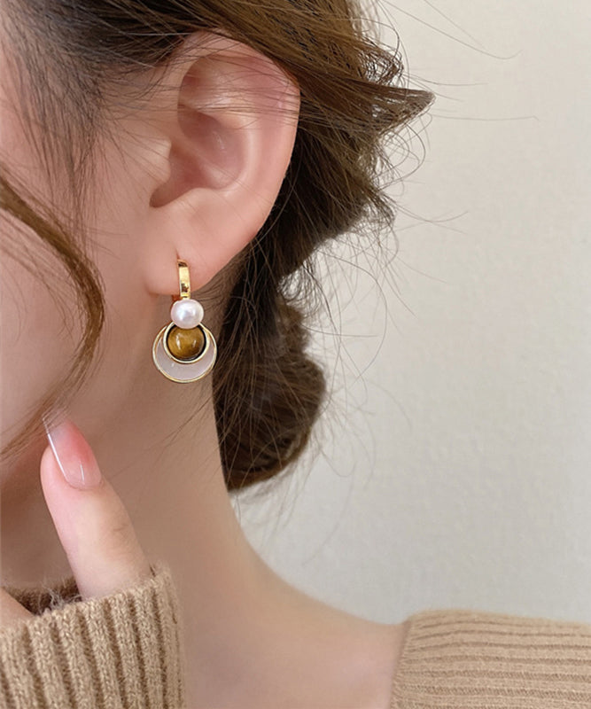 Boucles d'oreilles créoles en verre et pierre œil de tigre surdorée en cuivre marron (2025) - Urbann-Vibe