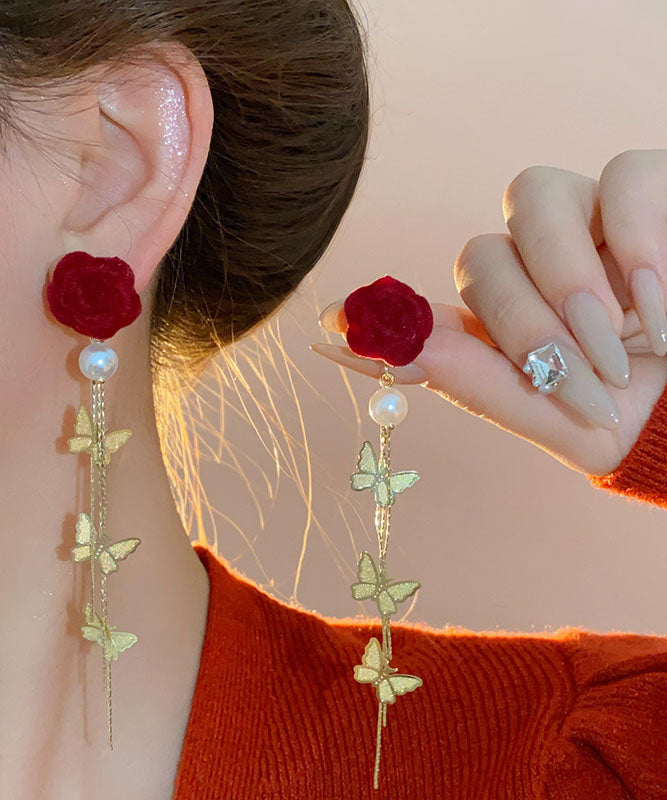 Boucles d'oreilles pendantes à pampilles et papillons en velours et perles, en cuivre rouge surdoré, nouveauté 2025 - Urbann-Vibe
