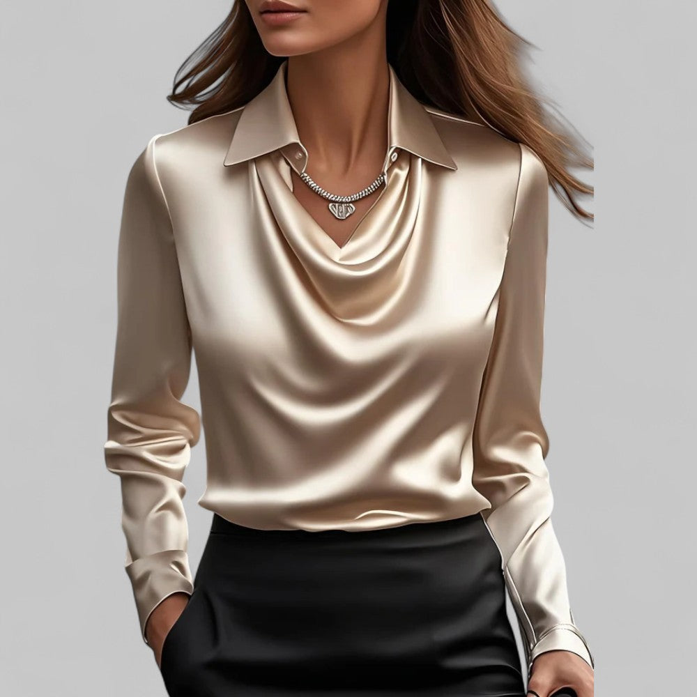 Women's ivory satin blouse with draped fluid silhouette, structured collar, polished everyday elegance