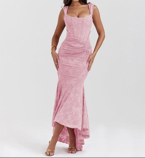 Light pink floral maxi dress with boned cinched waist and bell silhouette for special occasions