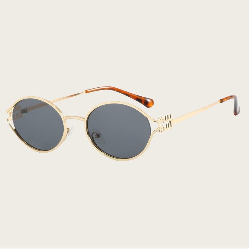 Oval hollow sunglasses gold metal frame brown black lenses sun protection fashion stage style